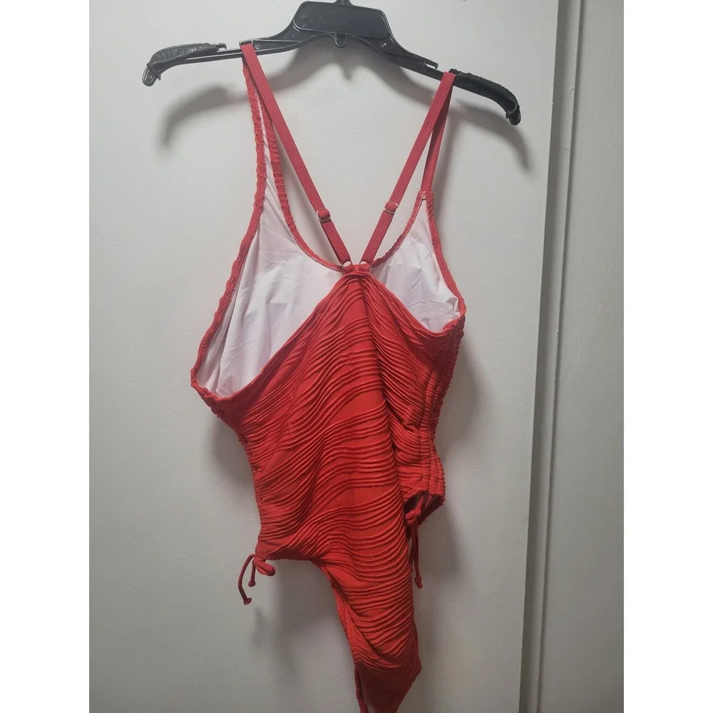 Red‎ One Shoulder Swimsuit Crisscross Back Tie Side Textured Swim One Piece